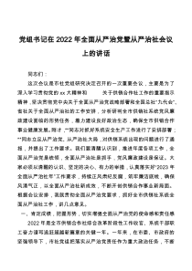 党组书记在2022年全面从严治党暨从严治社会议上的讲话