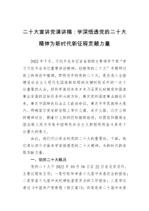 二十大宣讲党课讲稿学深悟透党的二十大精神为新时代新征程贡献力量