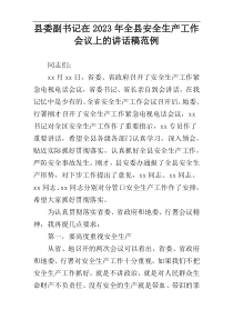 县委副书记在2023年全县安全生产工作会议上的讲话稿范例