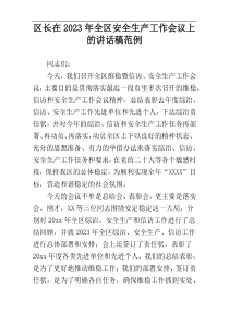 区长在2023年全区安全生产工作会议上的讲话稿范例