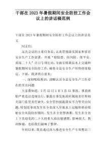 干部在2023年暑假期间安全防控工作会议上的讲话稿范例