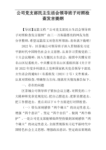 公司党支部民主生活会领导班子对照检查发言提纲