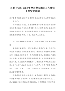 县委书记在2023年全县劳务就业工作会议上的发言范例