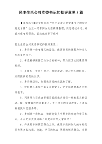 民主生活会对党委书记的批评意见3篇