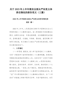 关于2023年上半年落实全面从严治党主体责任情况的报告范文（三篇）