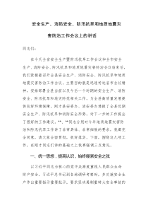 安全生产、消防安全、防汛抗旱和地质地震灾害防治工作会议上的讲话范文