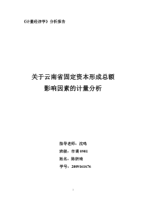 云南省关于影响固定资本形成总额因素的计量报告