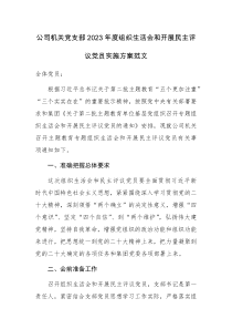 公司机关党支部2023年度组织生活会和开展民主评议党员实施方案范文