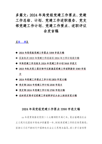 多篇文：2024年局党组党建工作要点、党建工作总结、计划、党建工作述职报告、党支部党建工作计划、