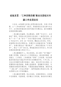 经验发言三单四联四看推动支部结对共建工作走深走实