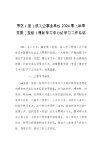 市区县机关企事业单位2024年上半年党委党组理论学习中心组学习工作总结