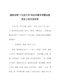 基层治理小马拉大车突出问题专项整治推进会上的交流发言