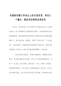 (领导发言)在基层党建工作会议上的交流发言突出三个重点推动党员教育走深走实