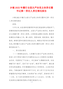 乡镇202X年履行全面从严治党主体责任暨书记第一责任人责任情况报告