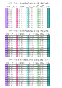 小学一年级口算100以内加减法练习题(每天50)