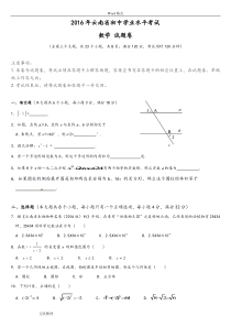 2016年云南省初中学业水平考试数学试题和答案