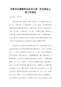 市委书记谢海同志在式三届一次代表会上的工作报告