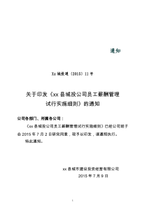 城投通11号关于印发《XX县城投公司员工薪酬管理试行实施细则》的通知