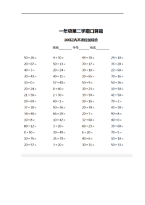 人教版一年级下100以内进退位加减综合口算题