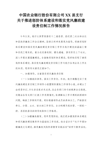 中国农业银行股份有限公司XX县支行关于推进惩防体系建设和落实党风廉政建设责任制工作情况报告