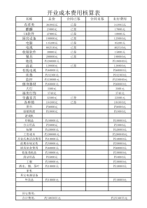 开业成本费用核算表