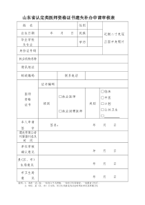 山东省认定类医师资格证书遗失补办申请审核表