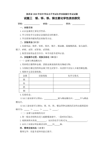 2020陕西化学实验：试题三--镁、锌、铁、铜主要化学性质的探究定