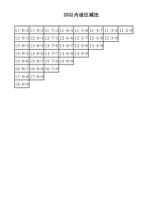 人教版一年级数学下册20以内退位减法表