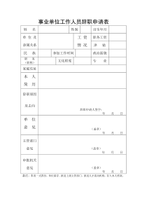 事业单位工作人员辞职申请表2015