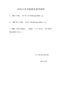 回风立井井底煤仓需用材料