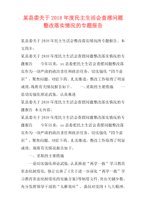 某县委关于2018年度民主生活会查摆问题整改落实情况的专题报告