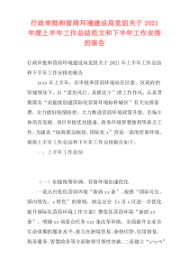 行政审批和营商环境建设局党组关于2021年度上半年工作总结范文和下半年工作安排的报告