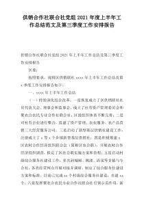 供销合作社联合社党组2021年度上半年工作总结范文及第三季度工作安排报告