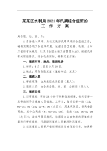 某某区水利局2021年汛期综合值班的工作方案