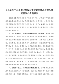 X县委关于中央巡视整改省市督查反馈问题整改落实情况的专题报告