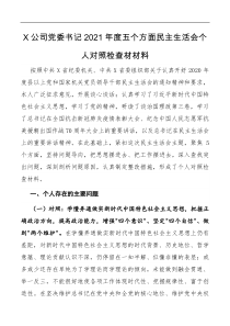 X公司党委书记2021年度五个方面民主生活会个人对照检查材材料