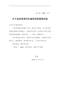 关于选派某某同志基层挂职锻炼的函