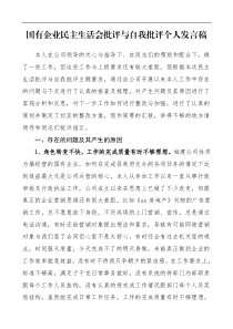 国有企业民主生活会批评与自我批评个人发言稿集团公司企业个人检视剖析材料组织生活会发言提纲参考