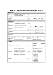 Manager, Customer Care & Quality Assurance岗位说明书