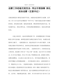 巡察工作经验交流发言：突出引领保障 深化政治巡察（区委书记）