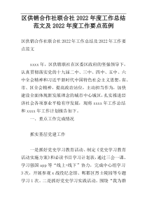 区供销合作社联合社2022年度工作总结范文及2022年度工作要点范例