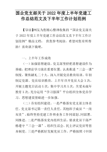 国企党支部关于2022年度上半年党建工作总结范文及下半年工作计划范例