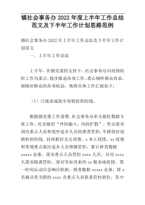 镇社会事务办2022年度上半年工作总结范文及下半年工作计划思路范例