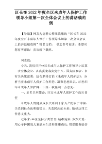 区长在2022年度全区未成年人保护工作领导小组第一次全体会议上的讲话稿范例