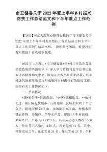 市卫健委关于2022年度上半年乡村振兴帮扶工作总结范文和下半年重点工作范例