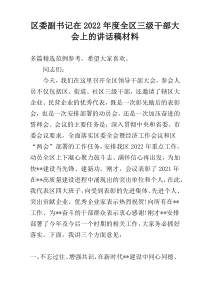 区委副书记在2022年度全区三级干部大会上的讲话稿材料