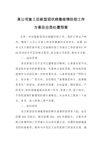 方案意见复工复产后新型冠状病毒疫情防控工作方案及应急处置预案