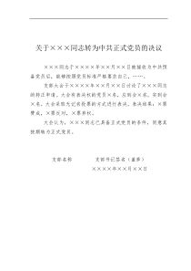 13关于同志转为中共正式党员的决议党支部填写