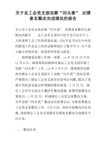 关于总工会党支部巡察“回头看” 反馈意见整改完成情况的报告